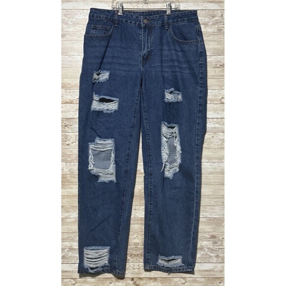 Shein Sxy Womens Distressed Ripped Medium Wash Blue Denim Jeans Size XL NWT - Picture 1 of 12
